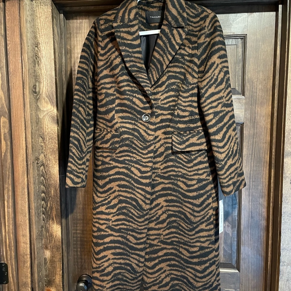 Tahari Black and Brown Animal Print Trench Coat